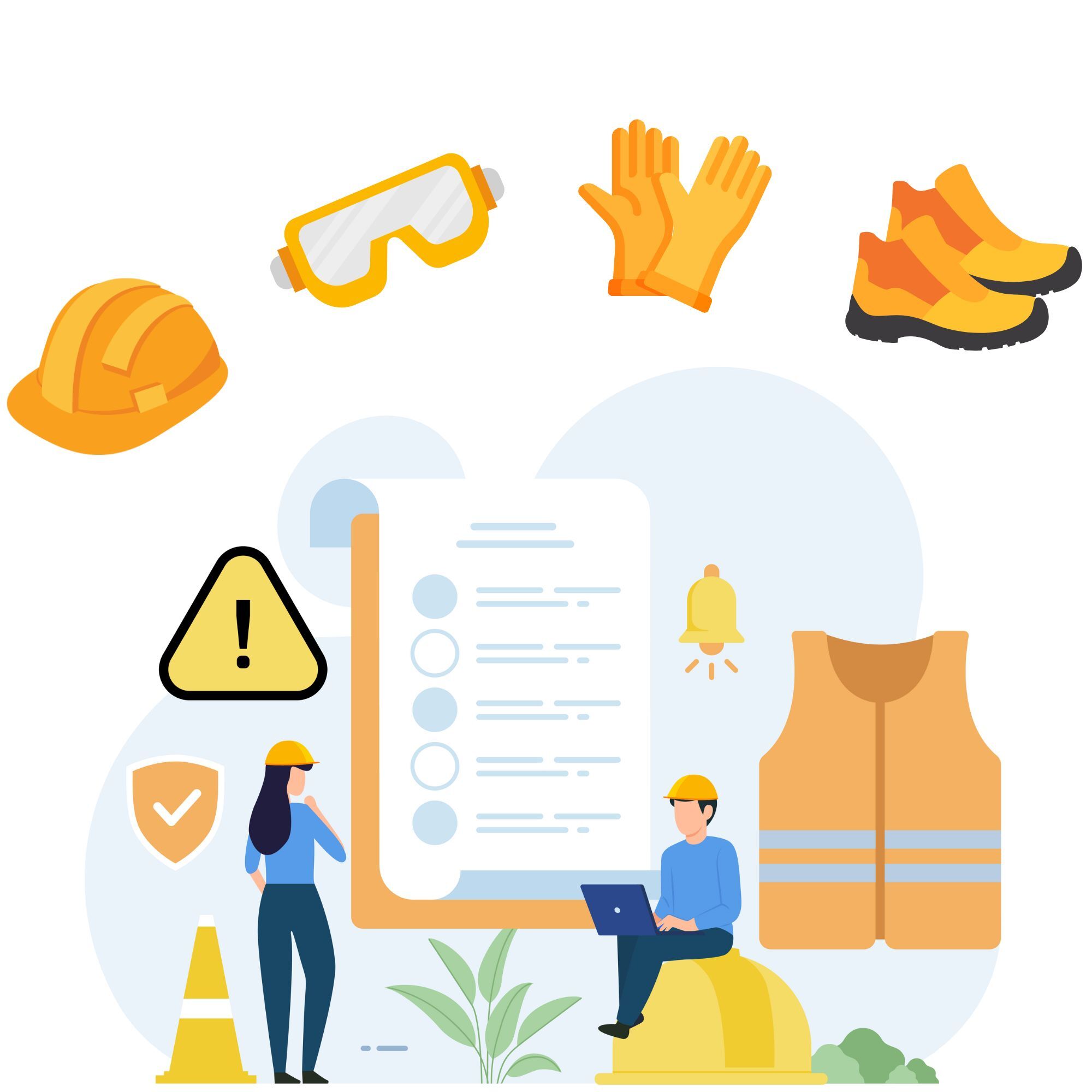 PPE graphic displaying safety helment, goggles, vest, gloves, and shoes.